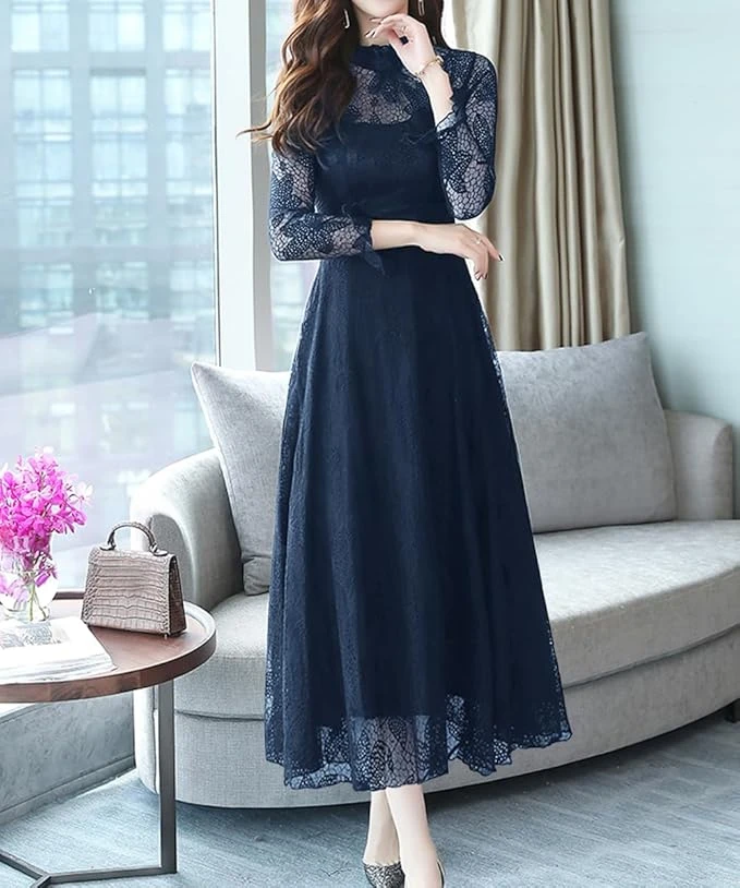 Đầm ren, dài, xếp tầng, tay dài, xòe, họa tiết lặp lại, dễ thương, eo cao, tôn dáng, thời trang.