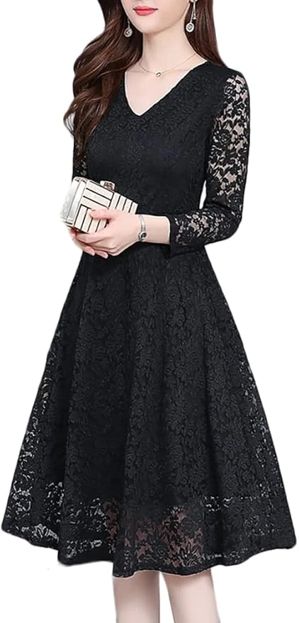 Váy cưới, váy dự tiệc, ren toàn thân, tay dài, thích hợp cho mùa thu, đông, xuân, dáng chữ A, có lớp lót, giúp thon gọn vóc dáng.