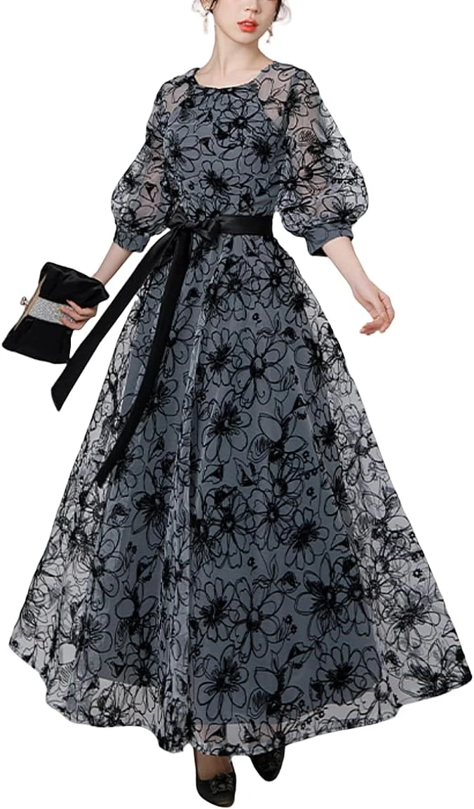 Đầm dự tiệc nữ, kiểu dáng liền thân, họa tiết hoa, có lớp lót, dáng chữ A, dài, thanh lịch, eo cao, tay lỡ 3/4, có dây buộc.