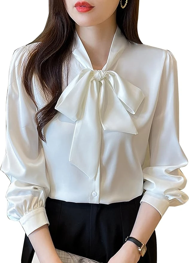 Áo sơ mi/áo kiểu dài tay bằng vải chiffon dành cho nữ, điểm nhấn là dải ruy băng và nơ thắt cổ.