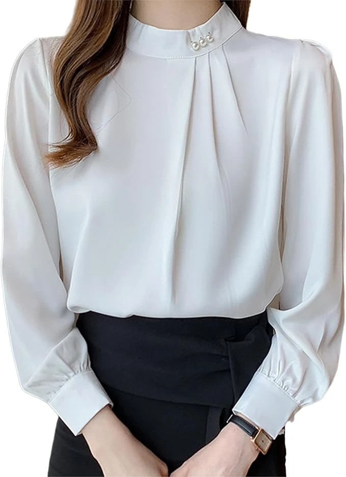 Áo sơ mi dài tay nữ, đính ngọc trai, cổ đứng, kiểu dáng thanh lịch.