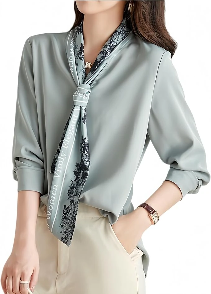 Áo sơ mi nữ, kiểu thắt nơ, tay dài, size S-3L, có nơ, cổ chữ V, kiểu áo tay phồng.