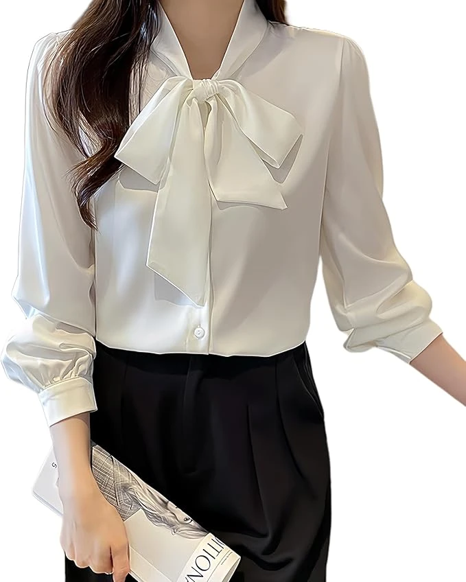 Áo sơ mi nữ tay dài, công sở, kinh doanh, có cổ, thắt nơ, chất liệu chiffon, kiểu dáng thường ngày, màu trơn.