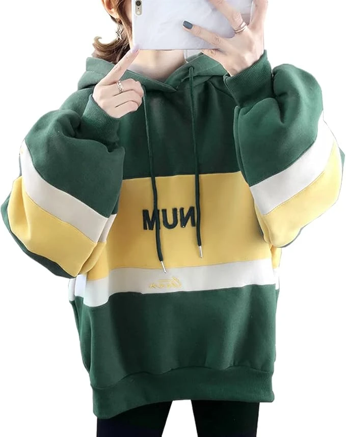 Áo hoodie nữ có mũ, áo nỉ, áo chui đầu, lót lông cừu, hai màu, chữ tiếng Anh, mùa thu/đông