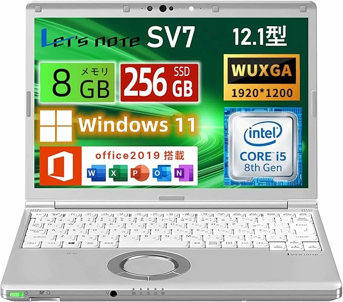 Máy tính xách tay siêu nhẹ CF-SV7 với hệ điều hành Windows 11 & Office 2019, màn hình WUXGA 12.1 inch (1920×1200), bộ xử lý Core i5-8250U thế hệ thứ 8, RAM 8GB và ổ SSD.