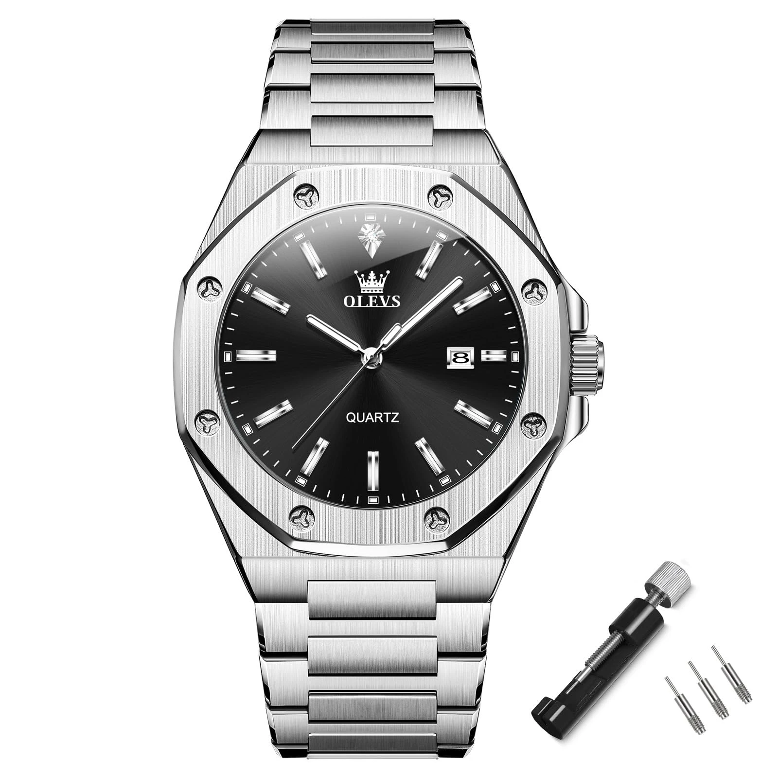 Đồng hồ nam OLEVS NO.3613 chống nước, mặt số lớn dễ đọc, vỏ bát giác, dây kim loại, thích hợp cho công sở, trang trọng, có dạ quang, phong cách đơn giản