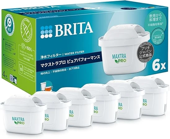Lõi lọc nước Brita, loại bình, thay thế, bộ 6 cái, đã được kiểm nghiệm loại bỏ PFOS/PFOA, lõi lọc Maxtra Pro Pure Performance, chất liệu Polypropylene/Polyethylene Terephthalate.