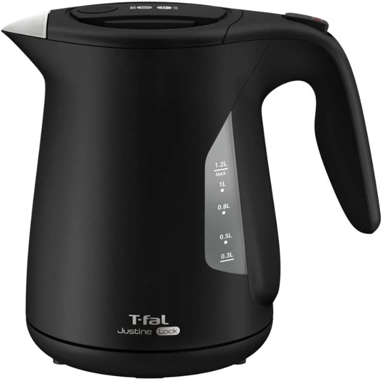 Ấm đun nước điện Tefal dung tích lớn 1.2L, khóa chống tràn, màu "Justin Lock Black", thiết kế tiết kiệm hơi nước.